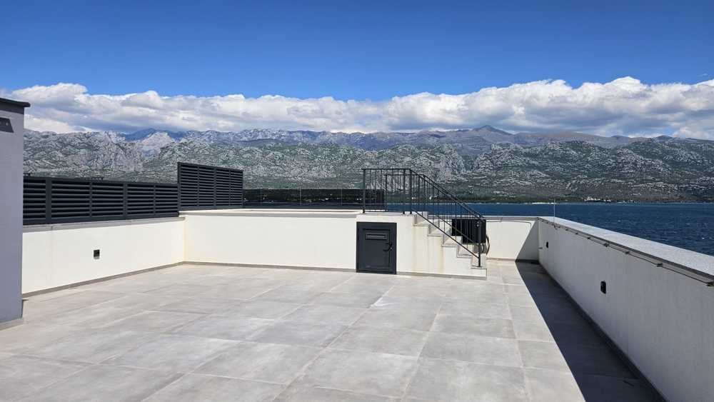 Roof terrace with swimming pool and sea views of property A2382 near Zadar, Croatia.