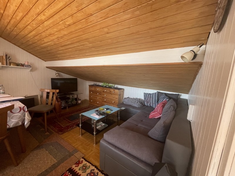 Living room under the wooden ceiling with sofa and dining table