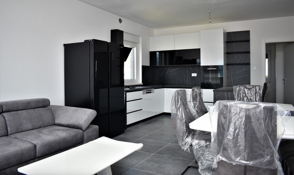 Living area and view of the modern kitchen.