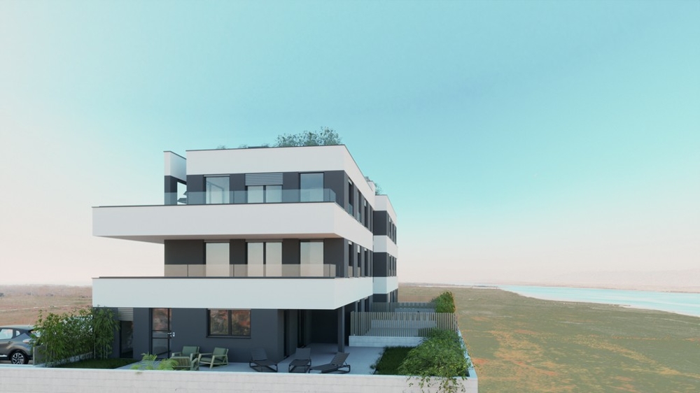 New-build with ground-floor terraces and water in the background