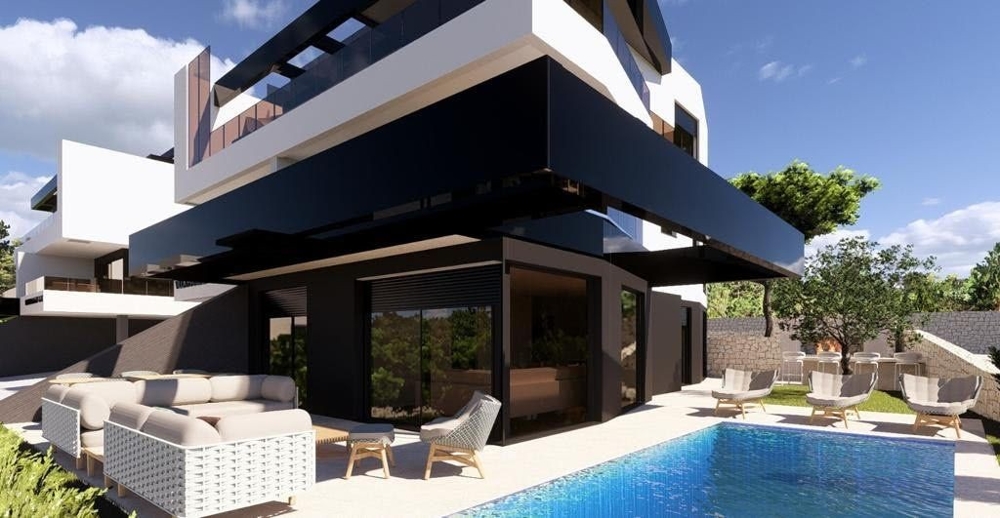 Modern villa in Croatia with pool and lounge area, futuristic architecture in idyllic surroundings – buy a luxury property in Croatia