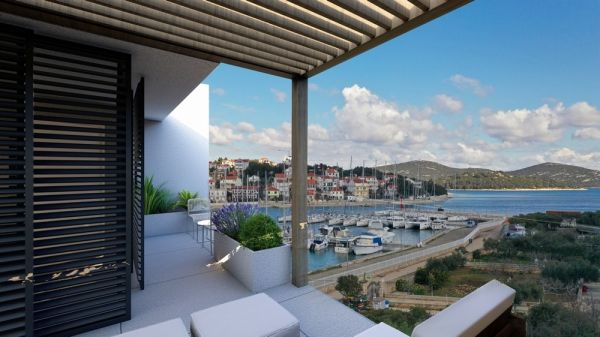 Panoramic view from an apartment in Croatia with sea and marina views.