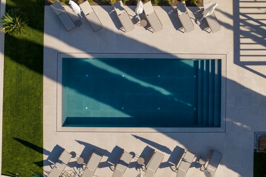 Aerial view of the communal pool at a luxury property in Istria