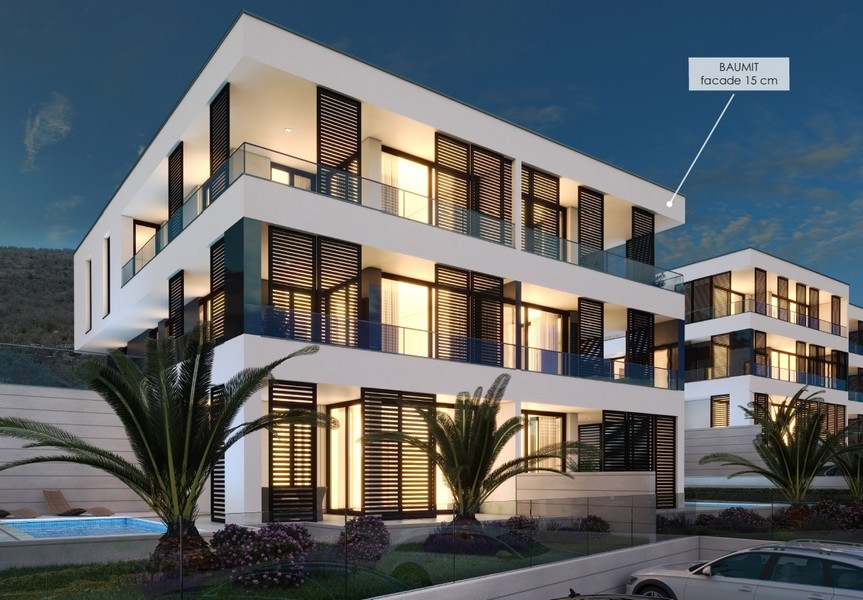 Luxury apartment complex at night in Vinjerac, near Zadar, Croatia, is for sale