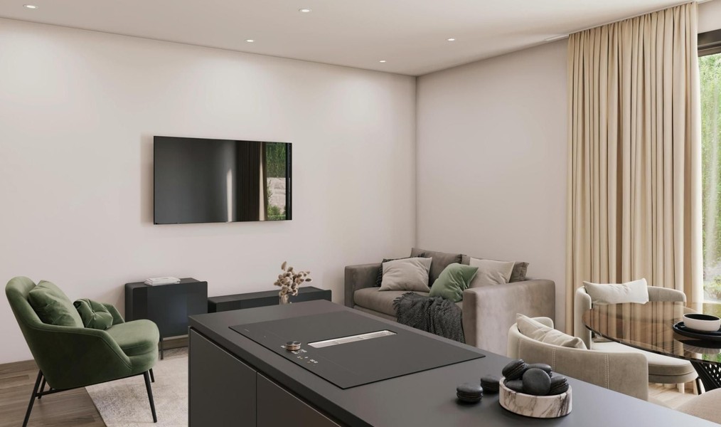 Living area with kitchen island, grey sofa, green armchair and wall-mounted television