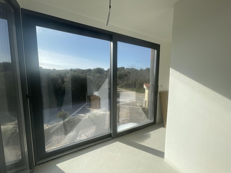 Large sliding door with view of the driveway and shrubs