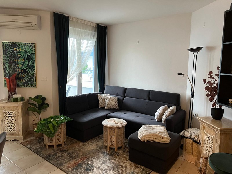 Dark corner sofa with rug in front of window in the living room