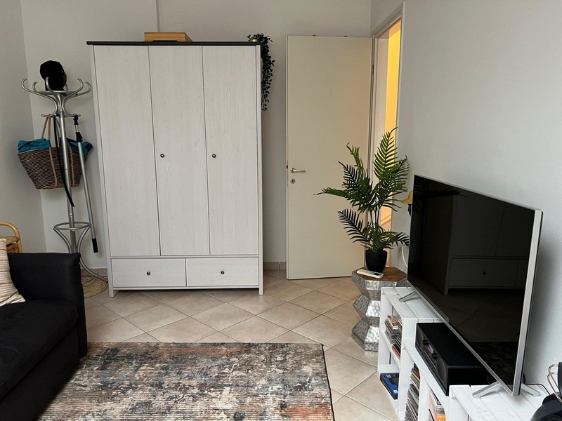 White wardrobe, television and bedroom door in the living space