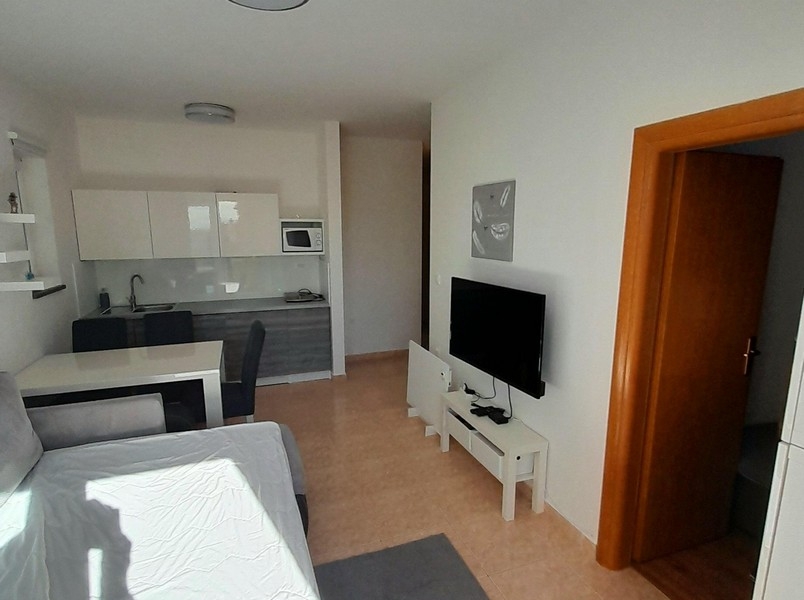 Living room with television, dining table and access to the bedroom