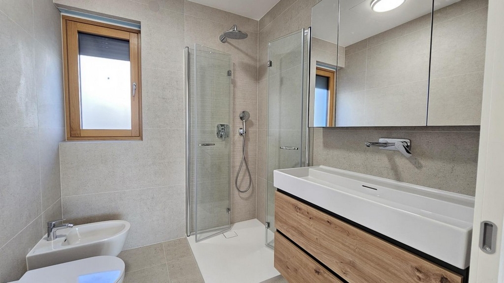 Modern bathroom with shower and vanity