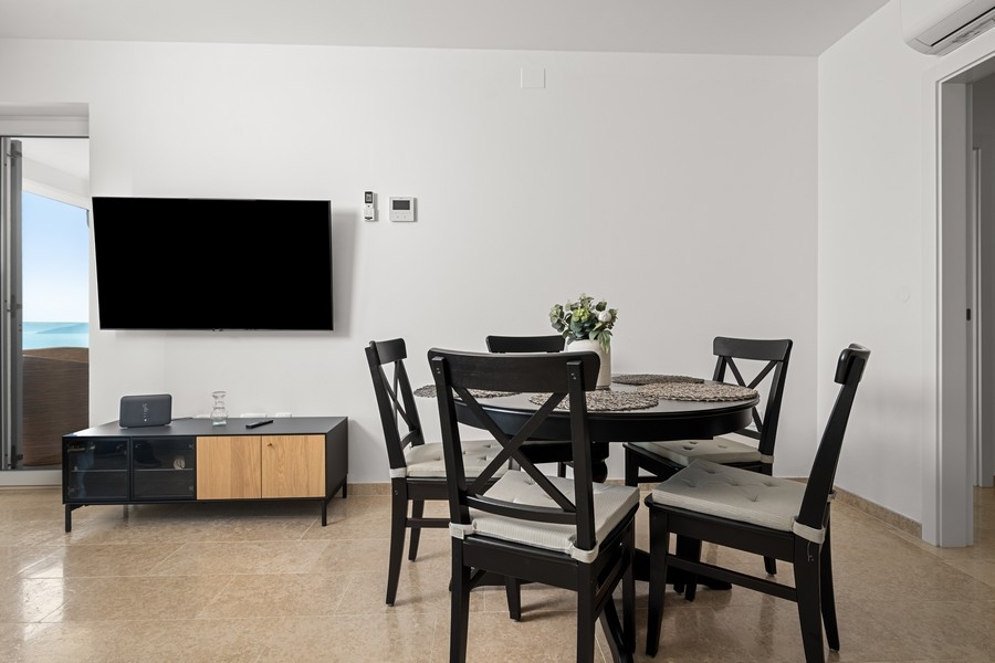 Living area with dining table, chairs and television