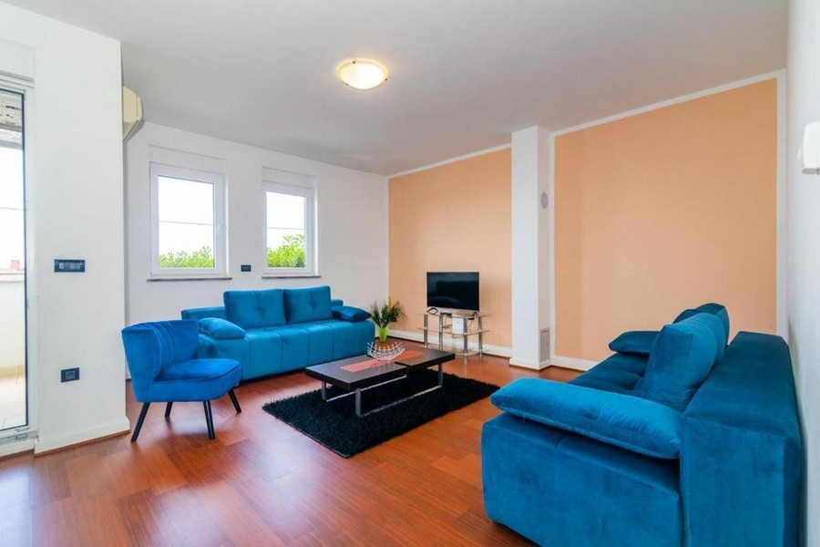Living area with two turquoise couches.