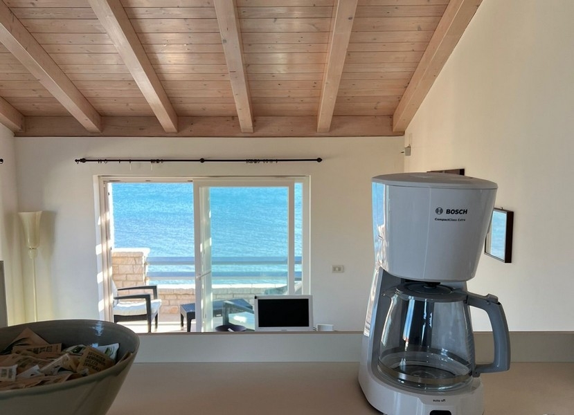 View from the kitchen over the living area to the terrace and the sea