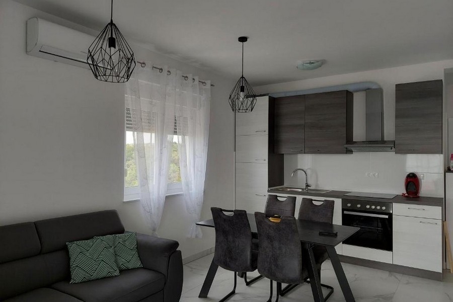 Open living and kitchen area with modern fitted kitchen and dining table