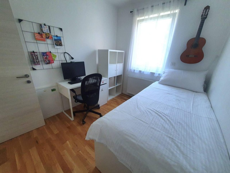 Room with single bed, desk and shelving