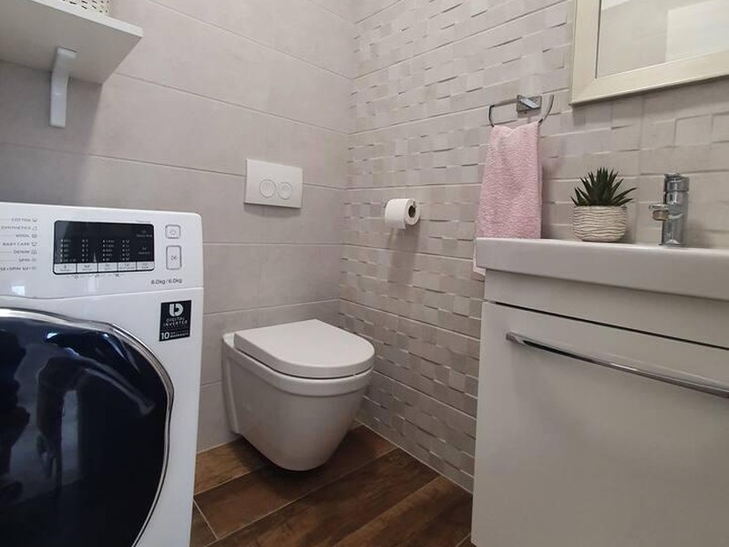 Separate toilet with washing machine and wash basin