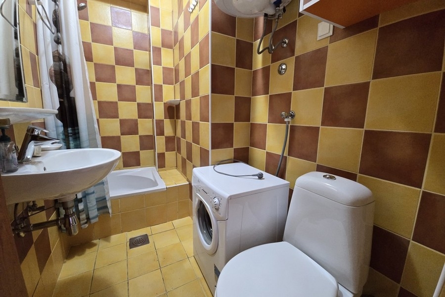 Bathroom with shower, washing machine and toilet