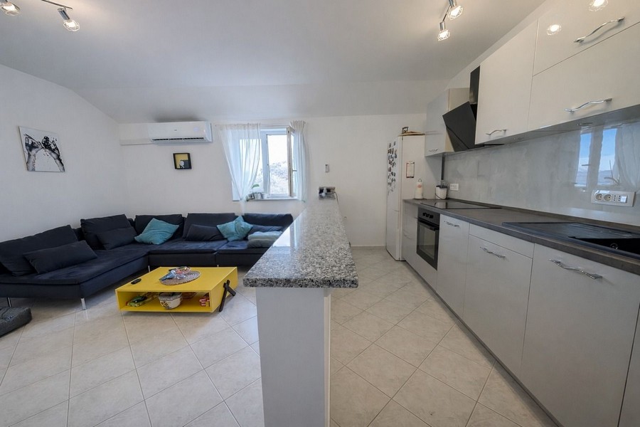 Modern living area with open kitchen and sofa