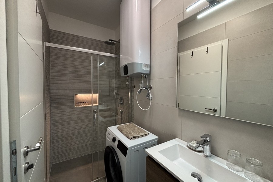 Modern bathroom with shower and washing machine