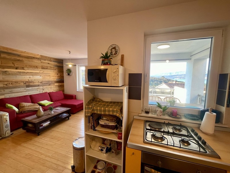 Open kitchen with built-in appliances and window with a view