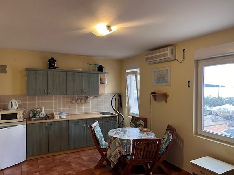 Open kitchen area with fitted kitchen and dining area