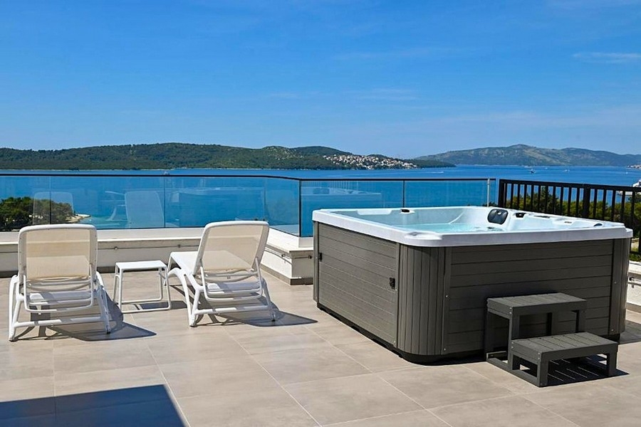 Rooftop terrace with hot tub and views of the Croatian coastline.