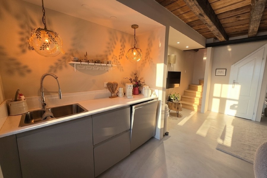 Modern kitchen with open living area