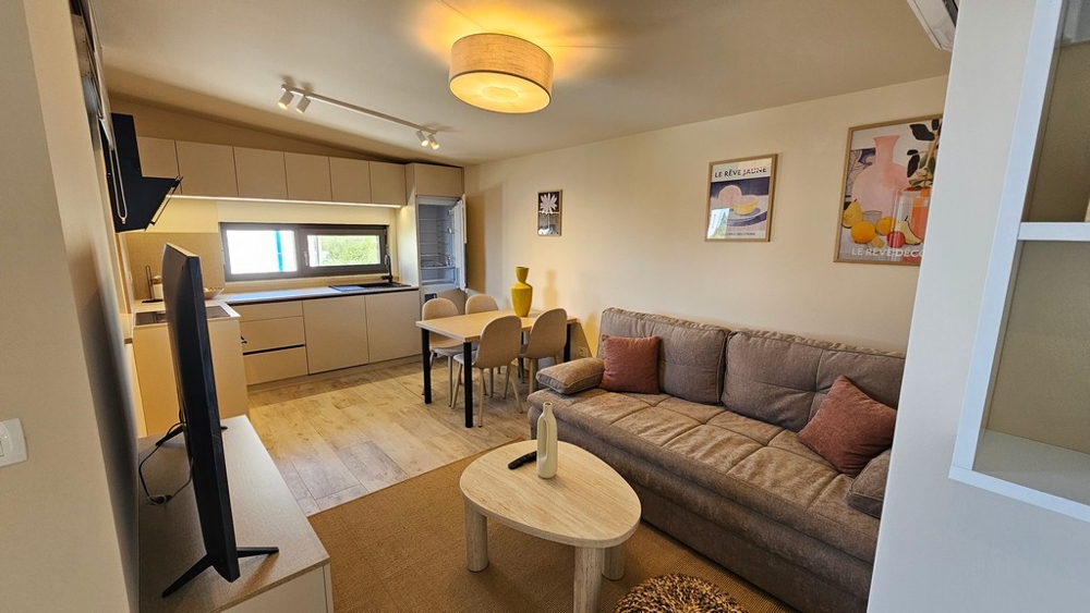 Bright living area with modern kitchen and sofa
