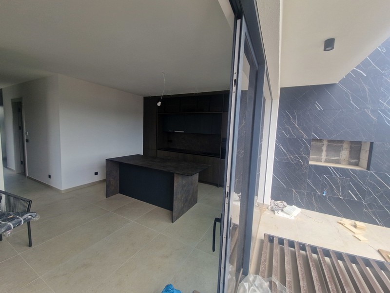 Living area with open kitchen and outdoor fireplace