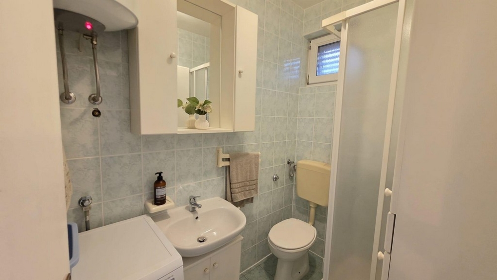 Bathroom with shower and washing machine