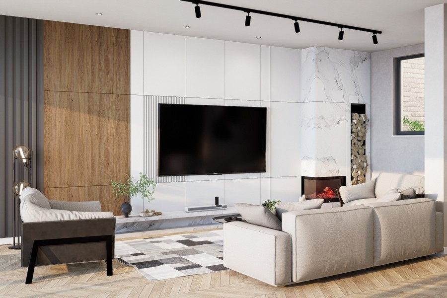 High-quality living area with designer fireplace