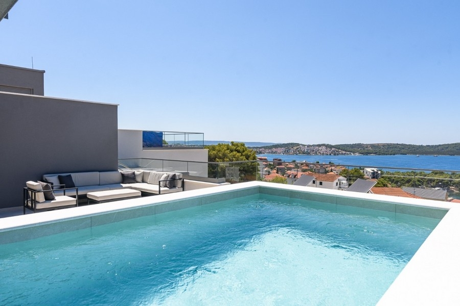 Roof terrace with pool and sea views in Croatia