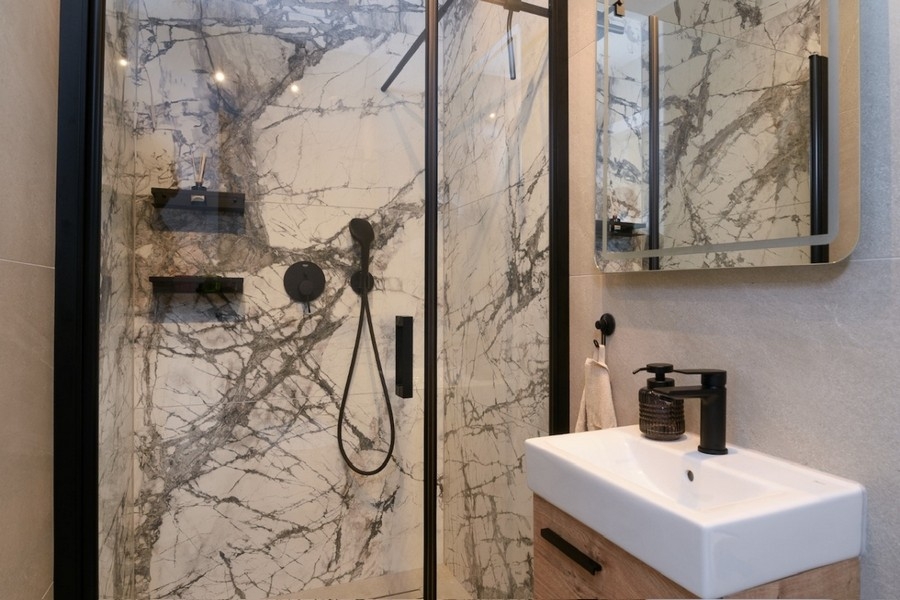 Modern bathroom with a natural stone look