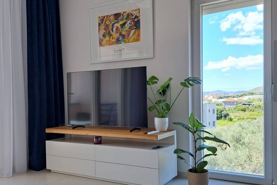 Living area with TV and large windows