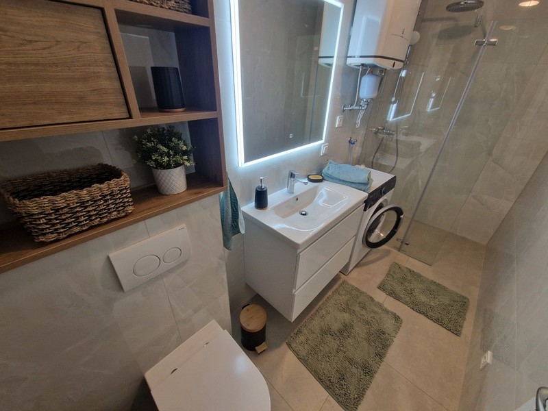 Modern bathroom with shower and washing machine