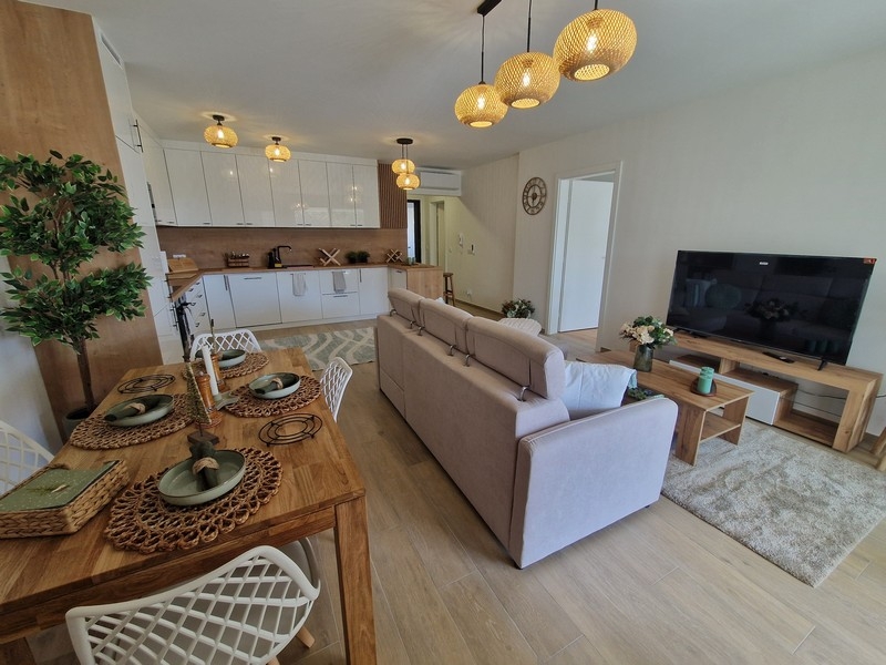Open living area with kitchen in modern apartment