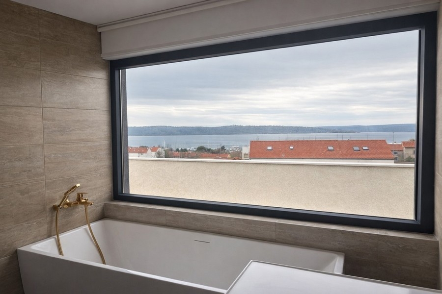 Bathroom with bathtub and sea view