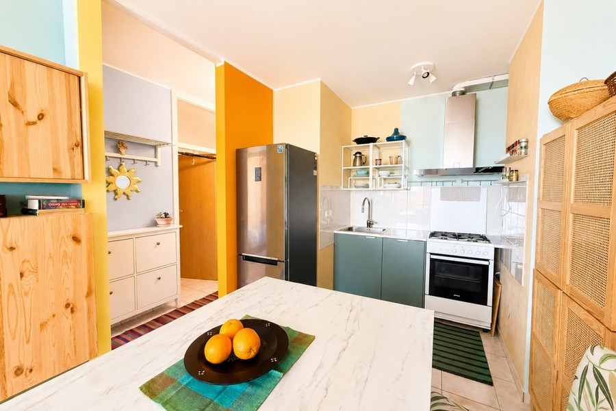 Open kitchen with living and dining area