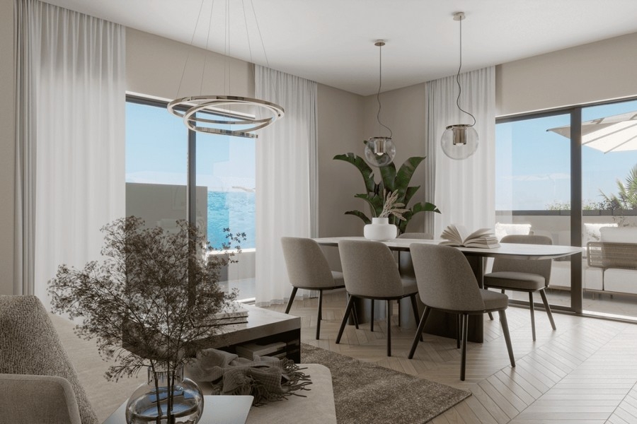 Living and dining area with sea views