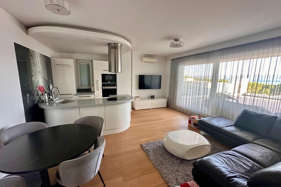 Living area with open kitchen and large window fronts