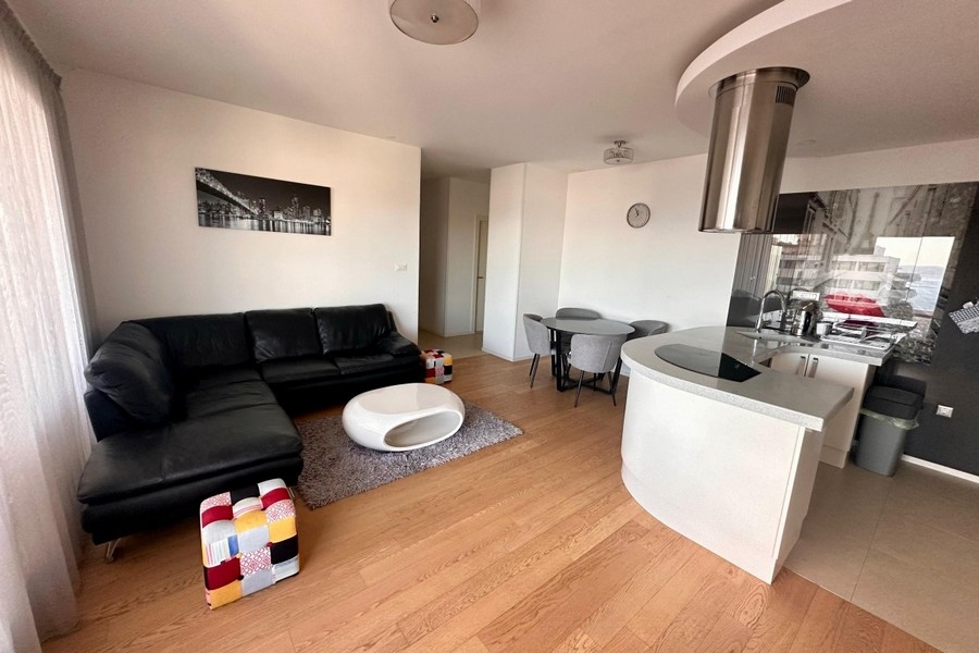Living room with leather sofa and open kitchen in Croatia