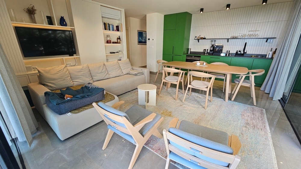 Open living and kitchen area with sofa