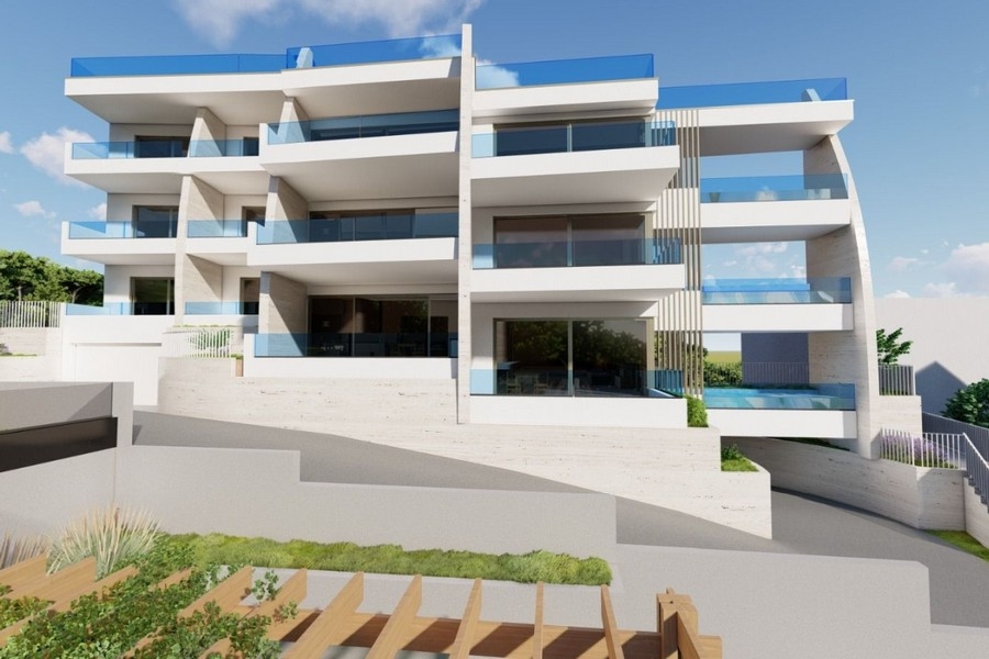 Modern apartment house with pool and garden