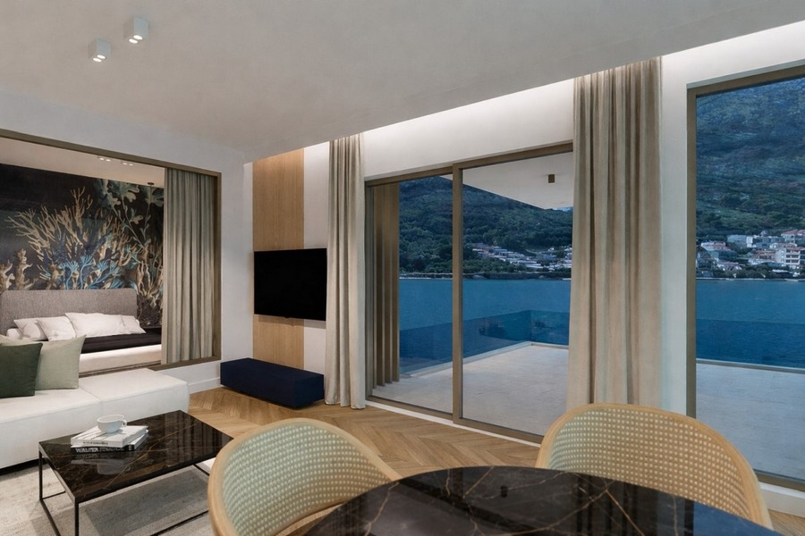 Living room with large windows and sea views