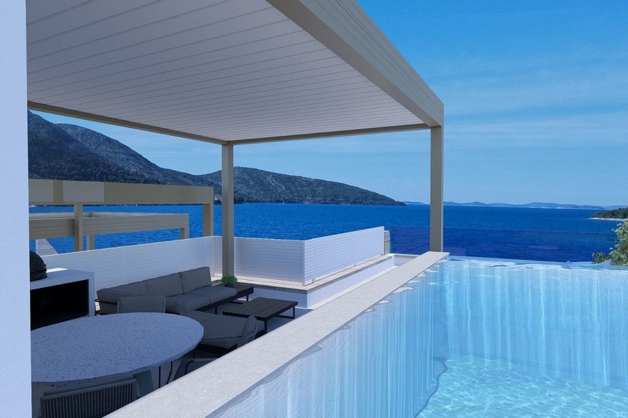 Covered terrace with pool and sea views in Primosten