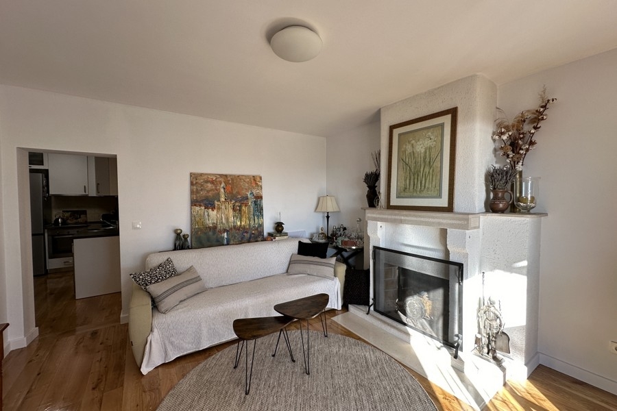 Living room with fireplace and view of the kitchen