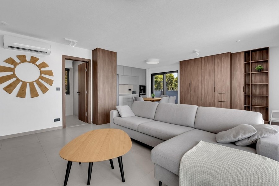 Modern living room with sofa and open floor plan