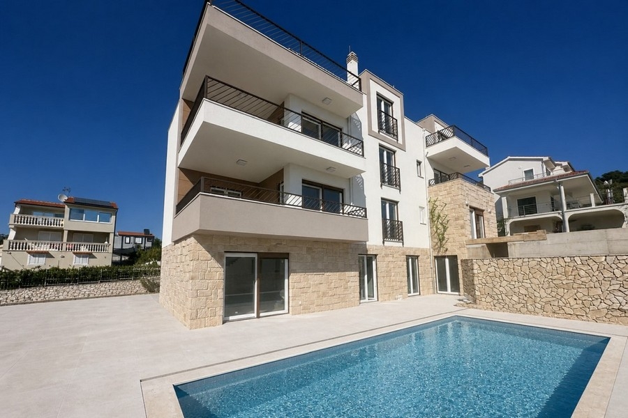 Newly built residential building with swimming pool in Rogoznica