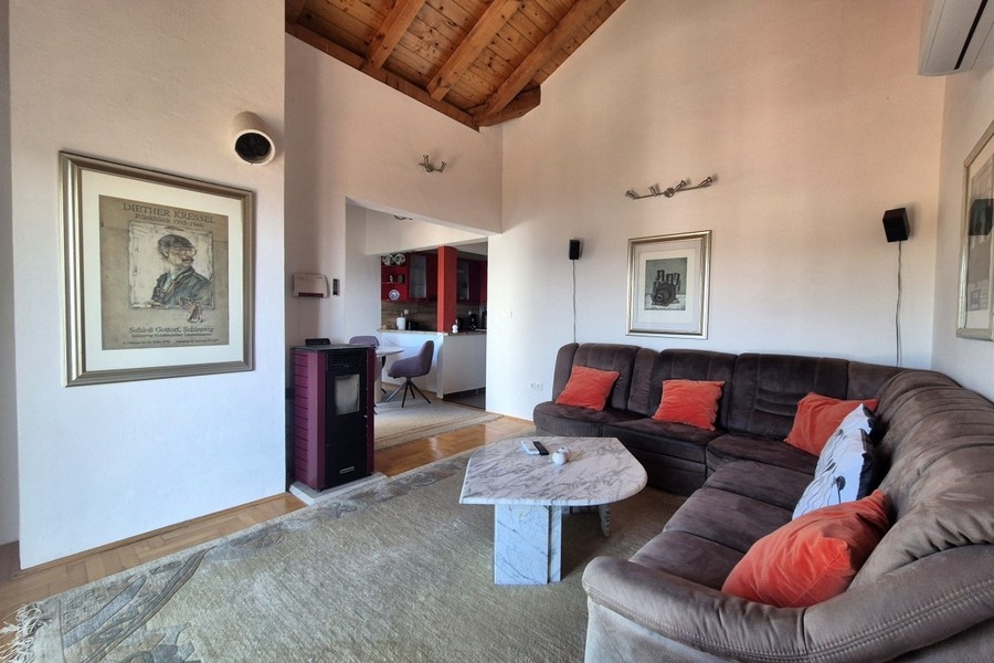 Bright living area with high wooden ceiling