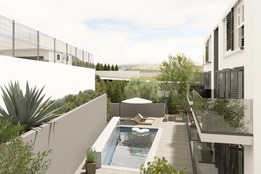 Terrace with sun loungers and sea views